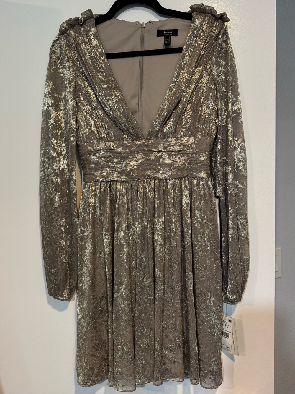 Aidan Mattox Gold Metallic Pleated Long Sleeve Dress 2 NWT